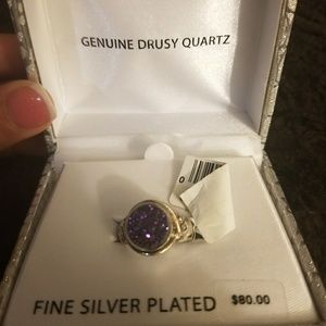 Genuine Purple Drusy Quartz Silver Ring (Size 6)